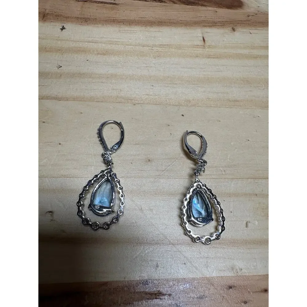 Blue Rhinestone Teardrop Dangle Leverback Earrings
